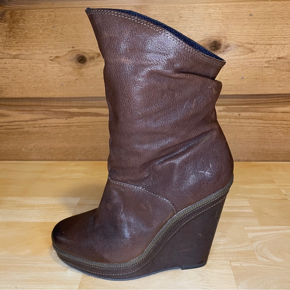 Calvin Klein Jeans Haiden Denim Lined Leather Zipper Detail Wedge Boots - Brown